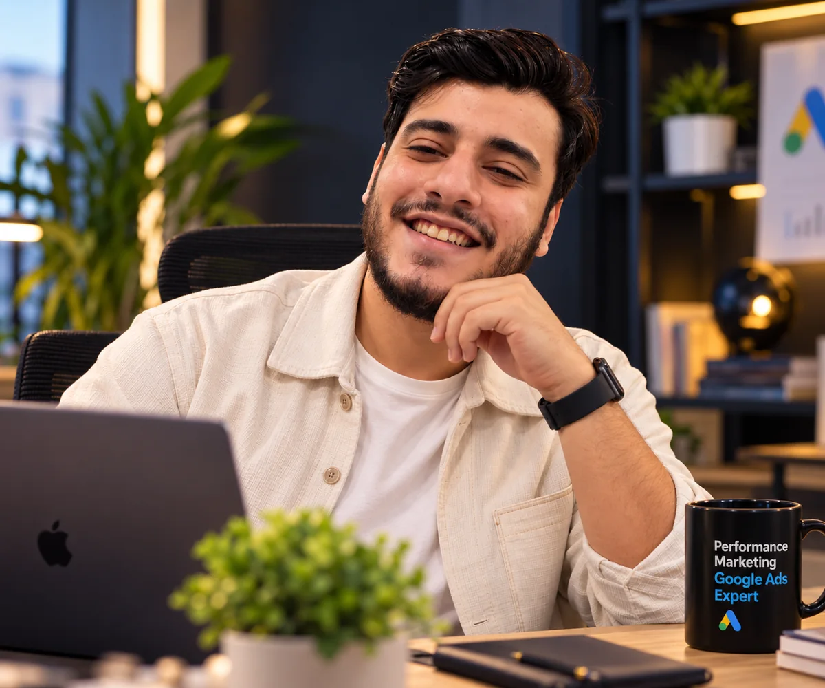 Nader Abdelnaser smiling at his desk next to a laptop and a Google Ads Expert mug